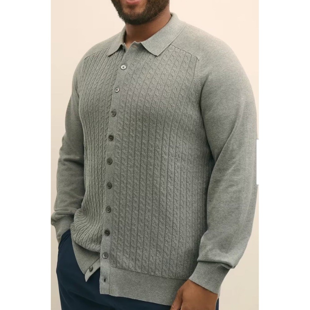 Brooks Brothers Polo Cardigan Cable Knit Mens Large Gray Preppy Quiet Luxury